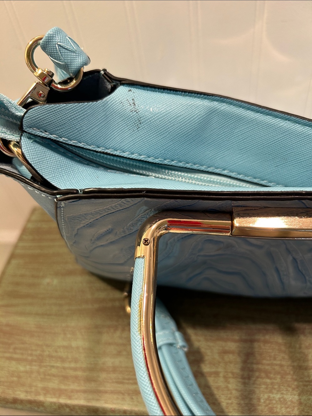 Aqua Textured Leather Satchel with Gold Accent - Picture 3 of 4